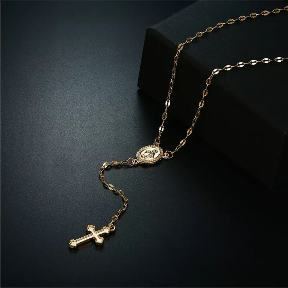 New gold rosary Jesus cross necklace danity - Picture 2 of 3